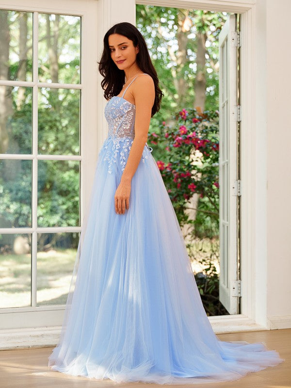 A-Line/Princess Tulle Lace Spaghetti Straps Sleeveless Sweep/Brush Train Dresses