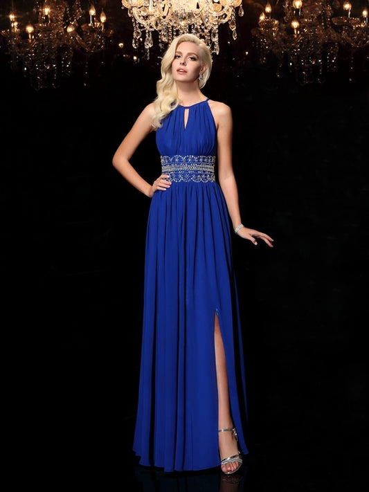 A-line/Princess Jewel Beading Sleeveless Long Chiffon Dresses