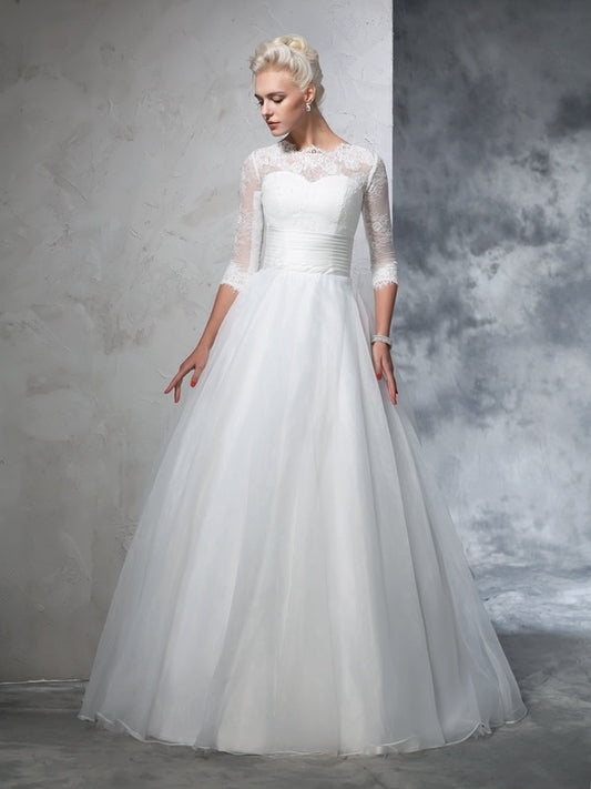 Ball Gown Jewel Applique 3/4 Sleeves Long Organza Wedding Dresses