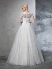 Ball Gown Jewel Applique 3/4 Sleeves Long Organza Wedding Dresses