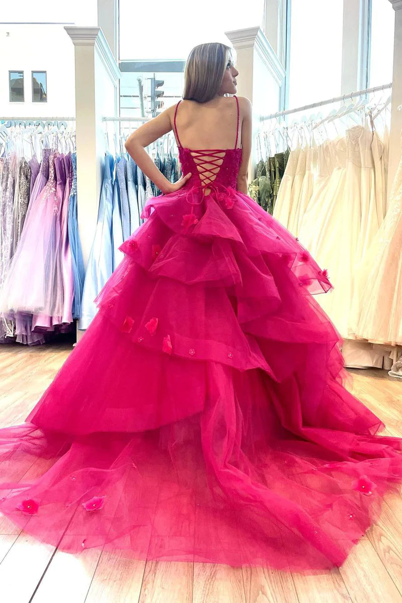 Hot Pink Sweetheart Tiered Tulle Long Prom Dresses with Appliques