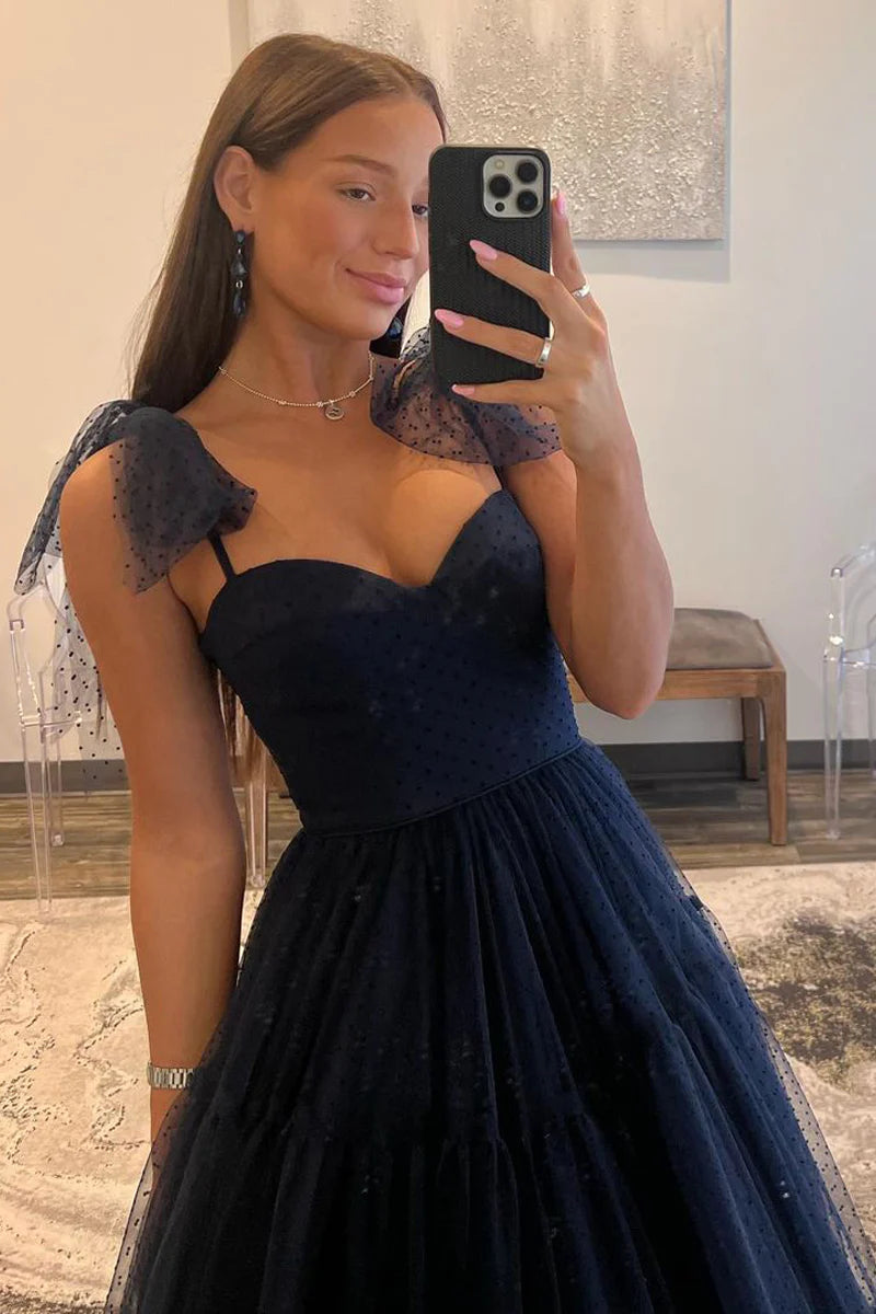 Sweetheart Navy Blue Tulle Long Prom Dress