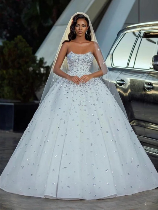 White Strapless Ball Gown Wedding Dress Tulle With Sequins Beads