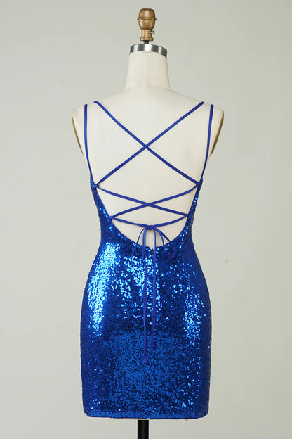 Royal Blue Sheath Sequins Mini Dress Backless Homecoming Dress