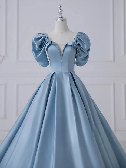 A-Line Princess Satin Blue Long Prom Dress Quinceanera Dress