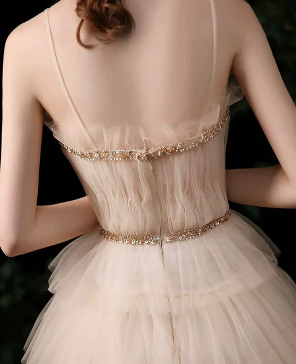 Spaghetti-straps Beaded Ruched bodice tulle princess style tutu long prom dress