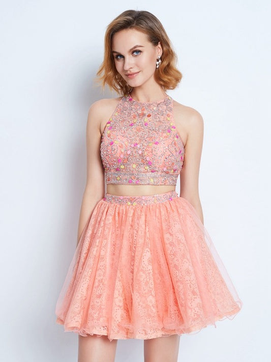 A-Line/Princess Jewel Sleeveless Lace Beading Short/Mini Two Piece Dresses