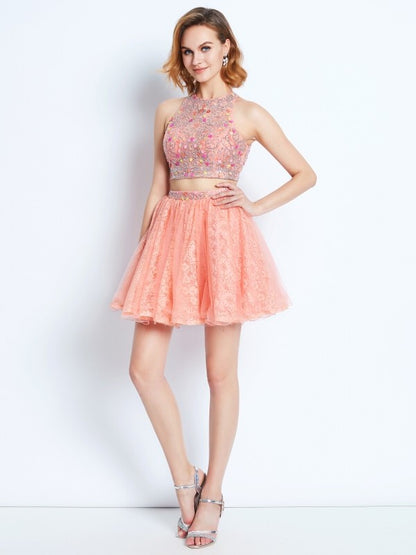 A-Line/Princess Jewel Sleeveless Lace Beading Short/Mini Two Piece Dresses