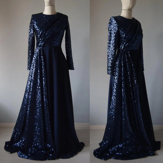 Chiffon Top Navy Blue Sequin Long Sleeve Floor Length Sequin Mother Of Bride Dress