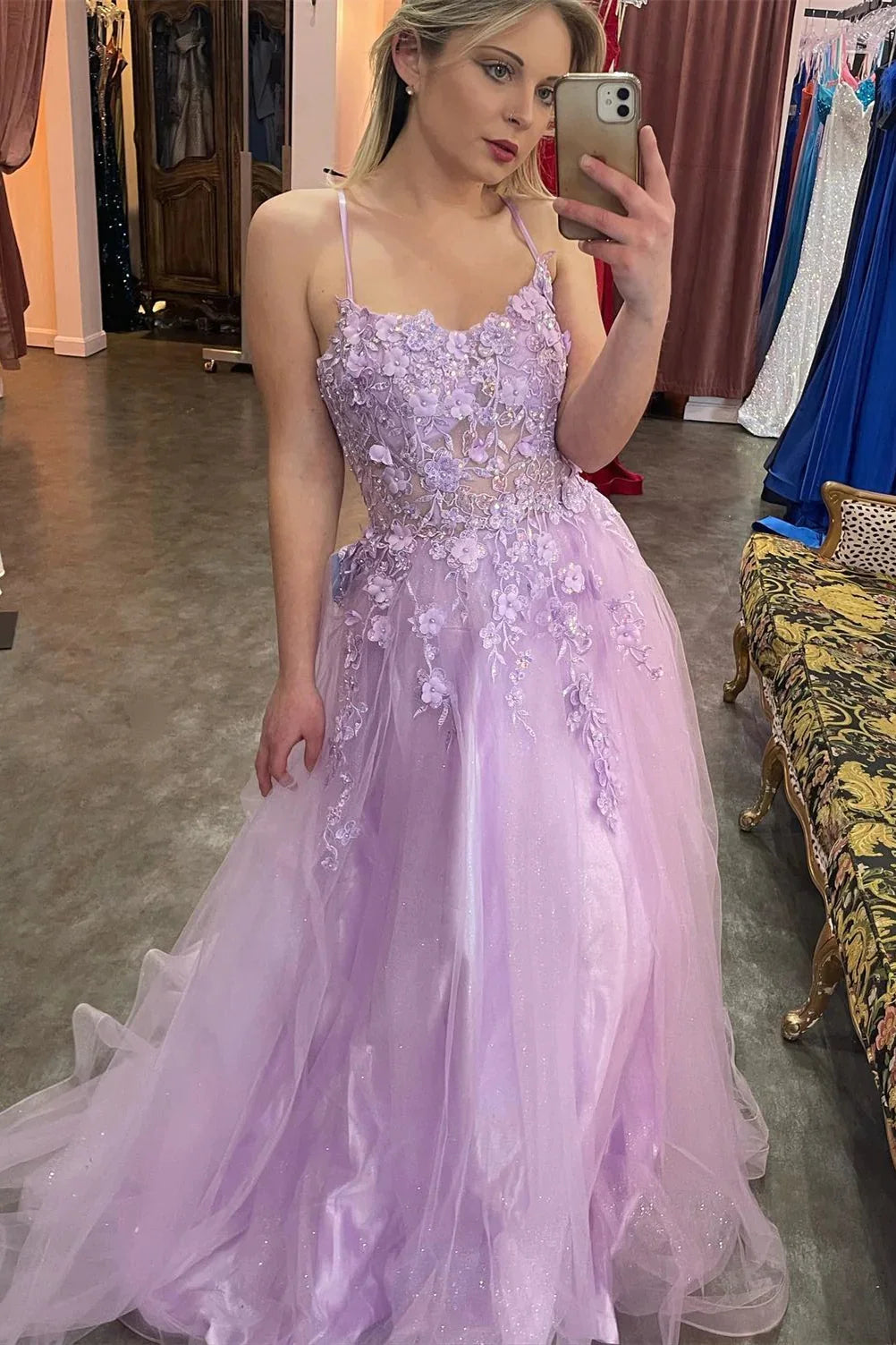 Lilac Appliques Straps A-line Long Prom Dress