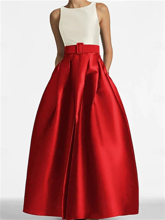 A-Line Scoop Sleeveless Floor-Length Formal Evening Dresses with Belt