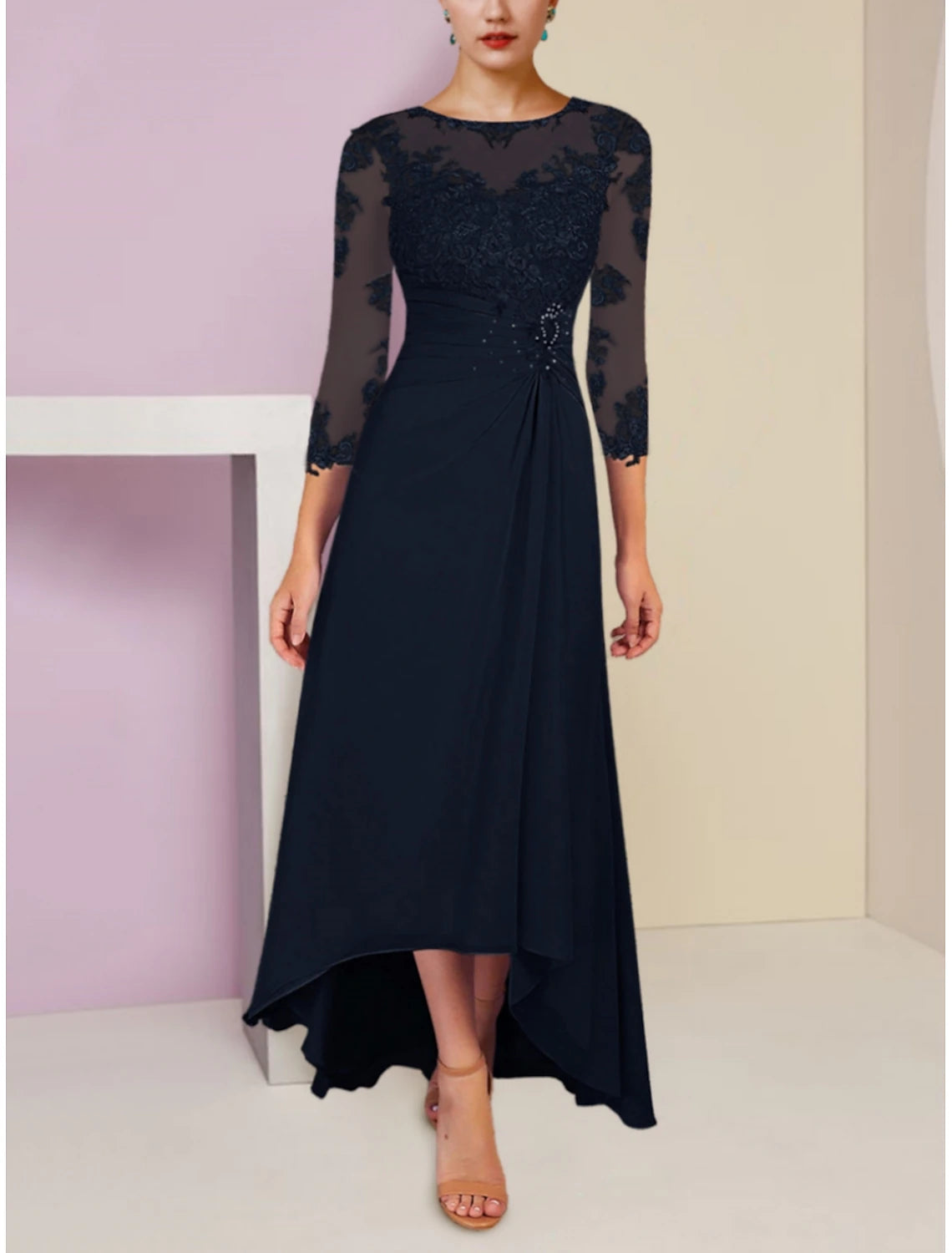 A-Line Mother of the Bride Dress Scoop Neck Asymmetrical Ankle Length Chiffon 3/4 Length Sleeve with Lace Sequin Ruching