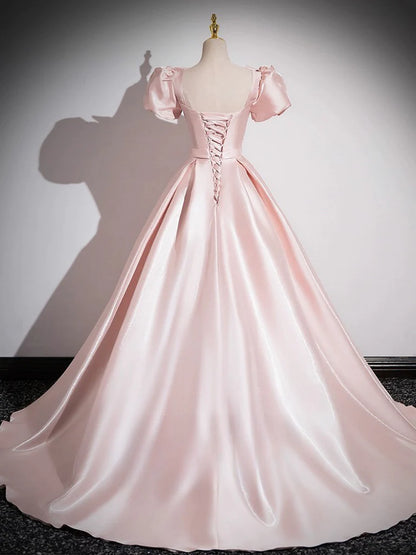 A-Line Satin Pink Quinceanera Dress Long Prom Dress With Bows