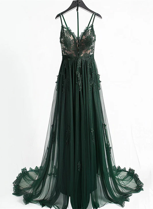 A-line V-neckline Spaghetti Strap Tulle with Lace Green Prom Dress Evening Dress