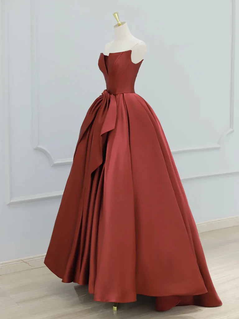 A-Line Satin Burgundy Long Strapless Prom Dress Ball Gown