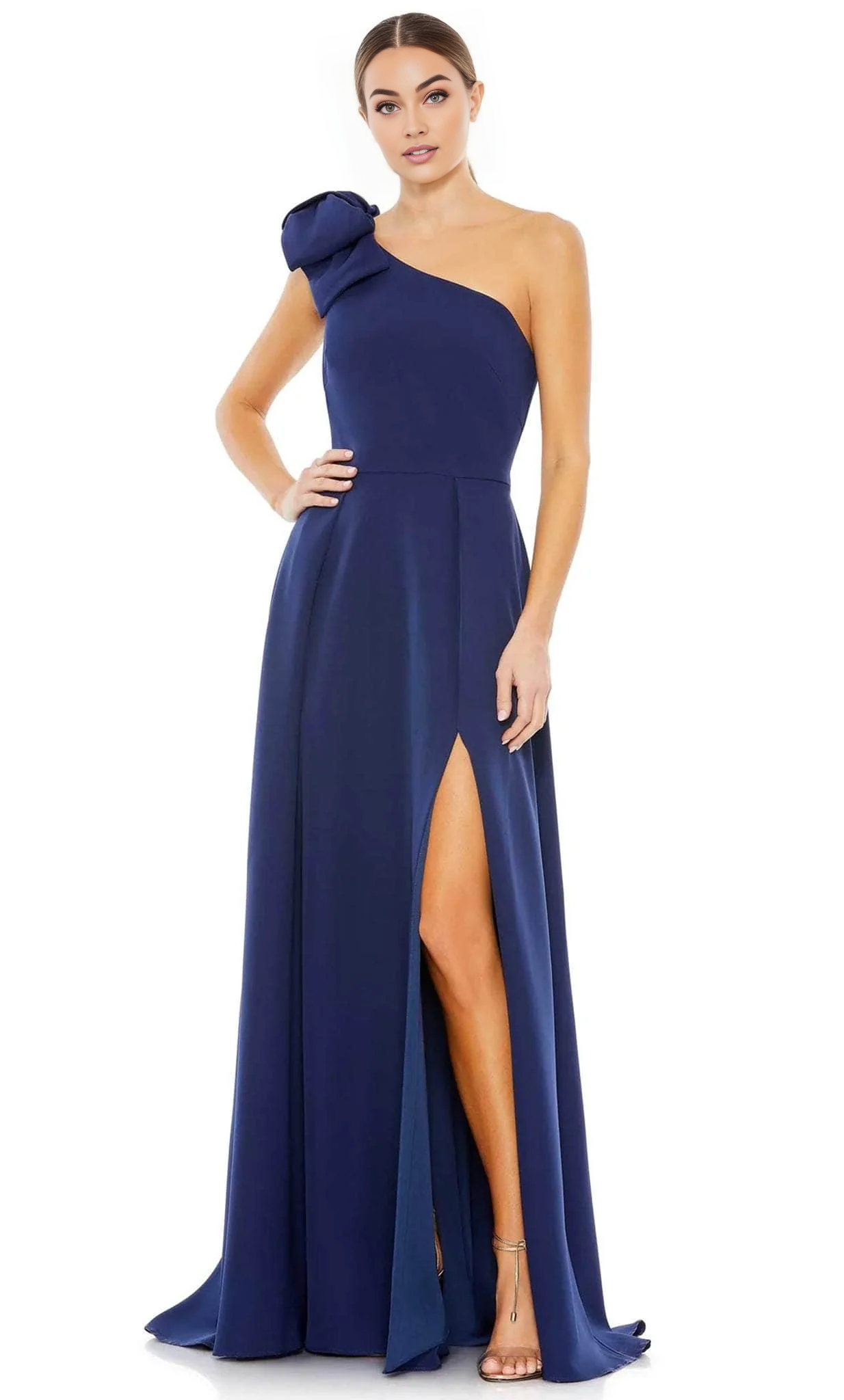 Bow Accented One Sleeve Floor-length Prom Dress With Slit