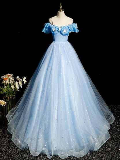 Glitter A-Line Off Shoulder Tulle Quinceanera Dress Blue Long Prom Dress