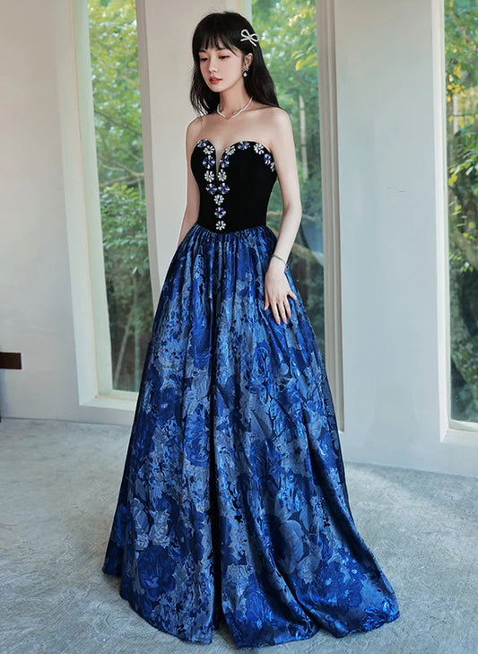 Blue Floral Satin Sweetheart Floor Length Evening Dress Prom Dress