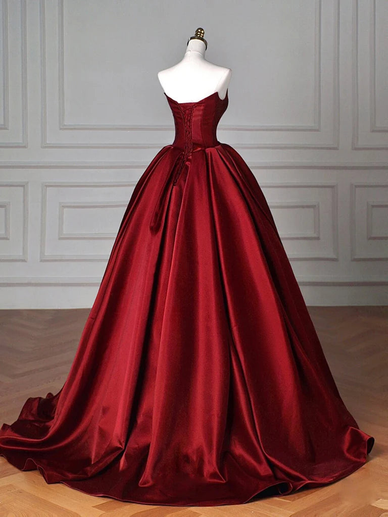 Simple Satin Burgundy Strapless Floor-length Prom Dress Ballgown