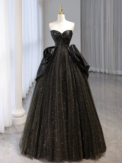 Glitter A-Line Sweetheart Neck Tulle Satin Ballgown Black Long Prom Dress