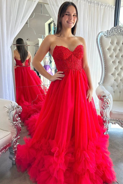 Red Tulle Appliques Sweetheart Ruffle Long Prom Dress