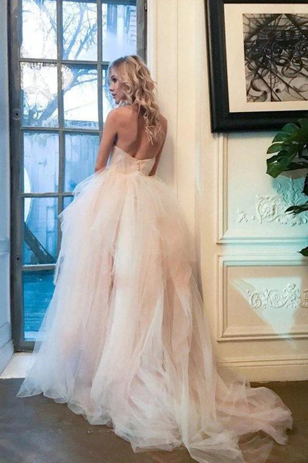 A Line Sweetheart Backless Strapless Tulle Long Elegant Wedding Dresses