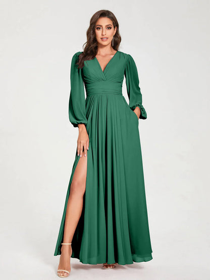 A-Line/Princess Chiffon V-Neck Long Sleeves Split Side Floor-Length With Pockets Bridesmaid Dresses