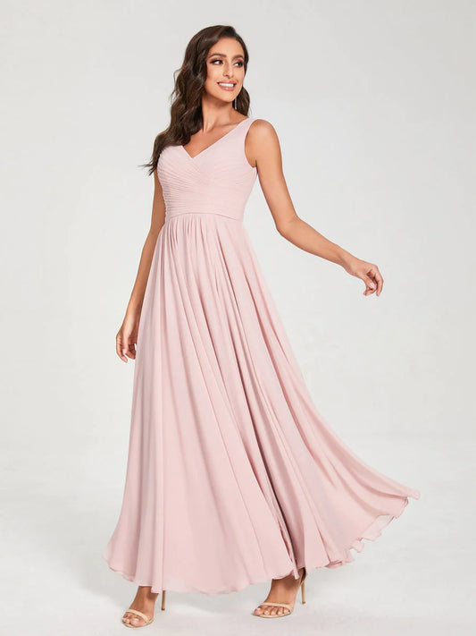 A-Line/Princess Chiffon V-Neck Sleeveless With Pleats Floor-Length Lace Up Bridesmaid Dresses