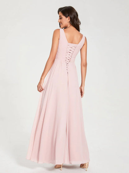 A-Line/Princess Chiffon V-Neck Sleeveless With Pleats Floor-Length Lace Up Bridesmaid Dresses