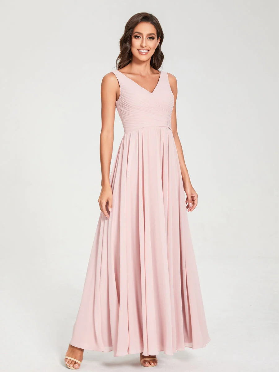 A-Line/Princess Chiffon V-Neck Sleeveless With Pleats Floor-Length Lace Up Bridesmaid Dresses