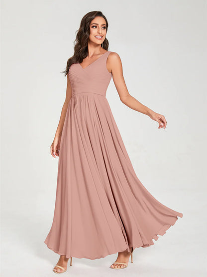 A-Line/Princess Chiffon V-Neck Sleeveless With Pleats Floor-Length Lace Up Bridesmaid Dresses