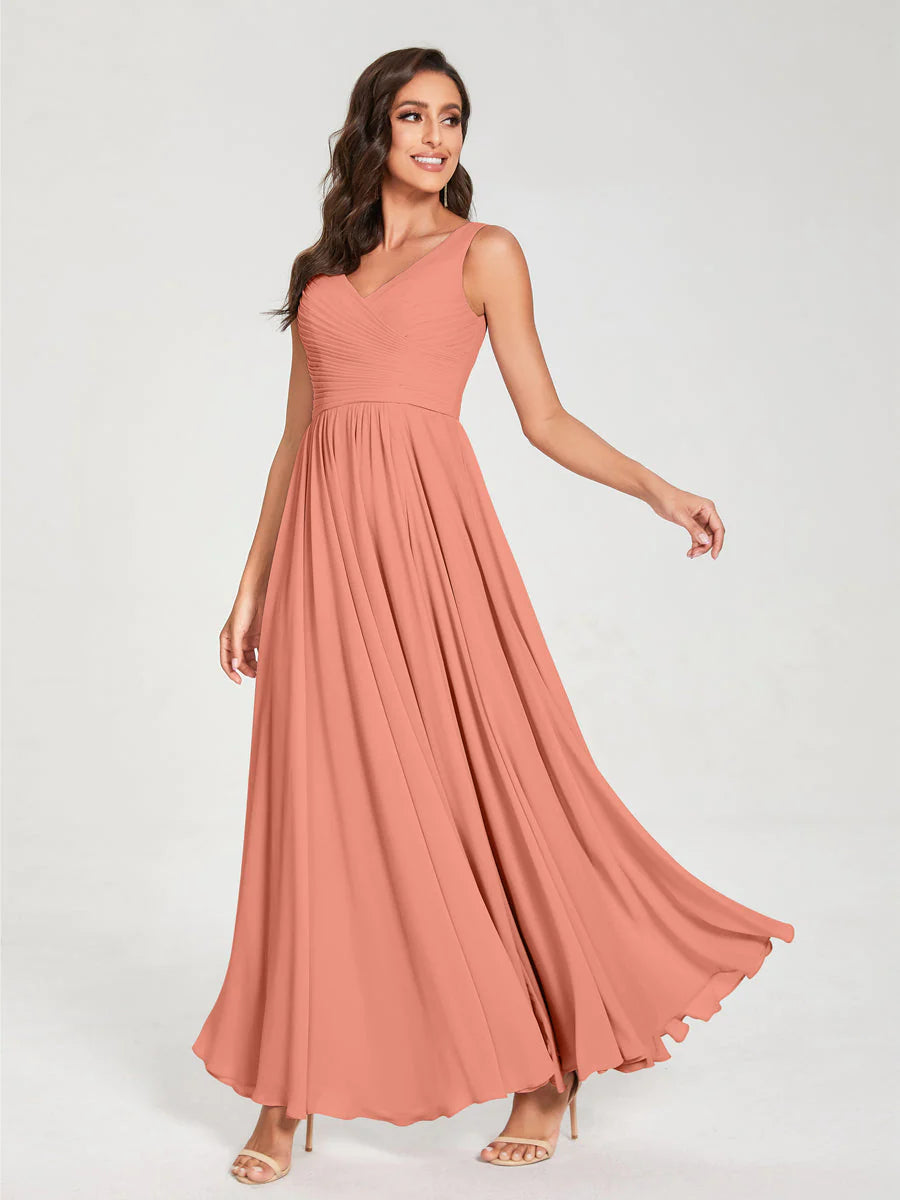 A-Line/Princess Chiffon V-Neck Sleeveless With Pleats Floor-Length Lace Up Bridesmaid Dresses