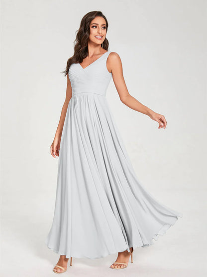 A-Line/Princess Chiffon V-Neck Sleeveless With Pleats Floor-Length Lace Up Bridesmaid Dresses