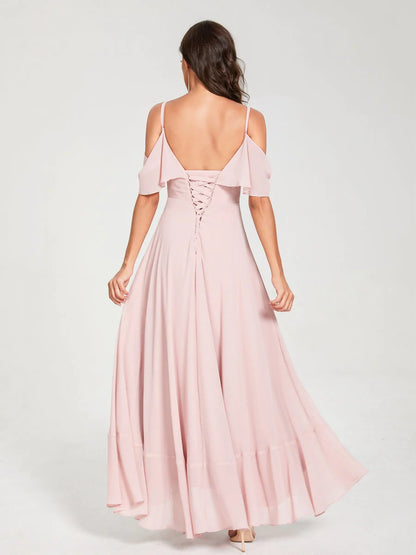 A-Line/Princess Chiffon Spaghetti Straps V-Neck Short Sleeves With Ruffles Asymmetrical Bridesmaid Dresses