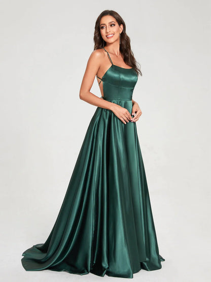 A-Line/Princess Spaghetti Straps Sleeveless Floor-Length Split Side Backless Bridesmaid Dresses