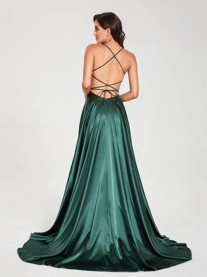 A-Line/Princess Spaghetti Straps Sleeveless Floor-Length Split Side Backless Bridesmaid Dresses