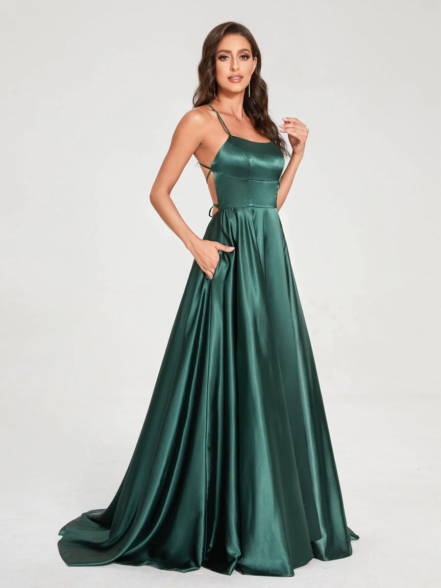 A-Line/Princess Spaghetti Straps Sleeveless Floor-Length Split Side Backless Bridesmaid Dresses