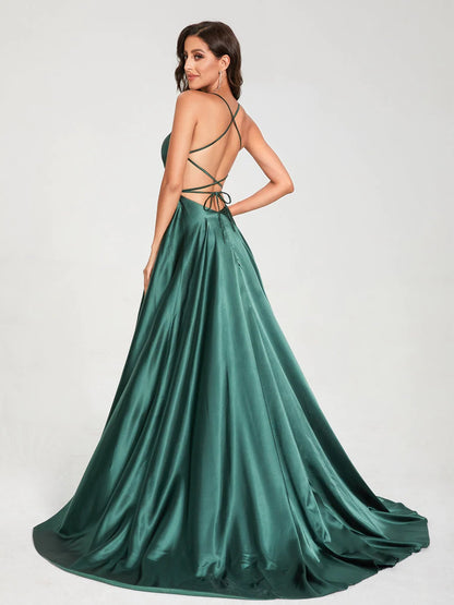 A-Line/Princess Spaghetti Straps Sleeveless Floor-Length Split Side Backless Bridesmaid Dresses