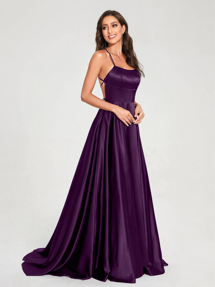 A-Line/Princess Spaghetti Straps Sleeveless Floor-Length Split Side Backless Bridesmaid Dresses