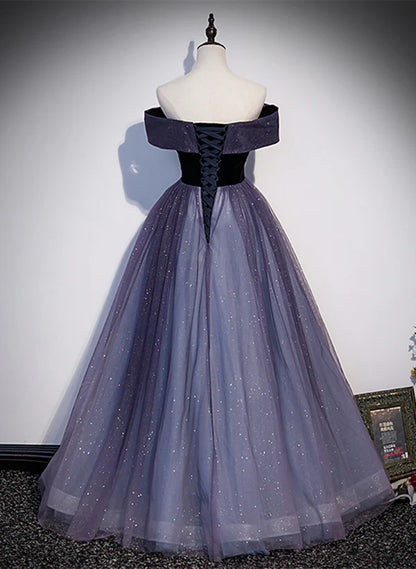 Sparkling Purple Gradient Tulle Off Shoulder A-line Purple Evening Dress Prom Dress