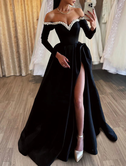 A-Line Evening Gown Formal Sweep / Brush Train Long Sleeve Off Shoulder Satin with Pearls Slit&nbsp;