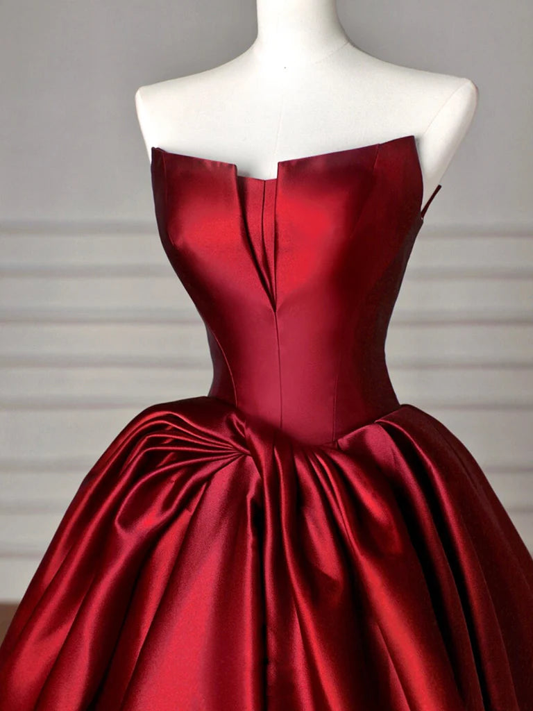 Simple Satin Burgundy Strapless Floor-length Prom Dress Ballgown