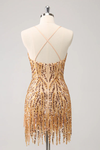 Tight Sequins V Neck Homecoming Dress with Fringes