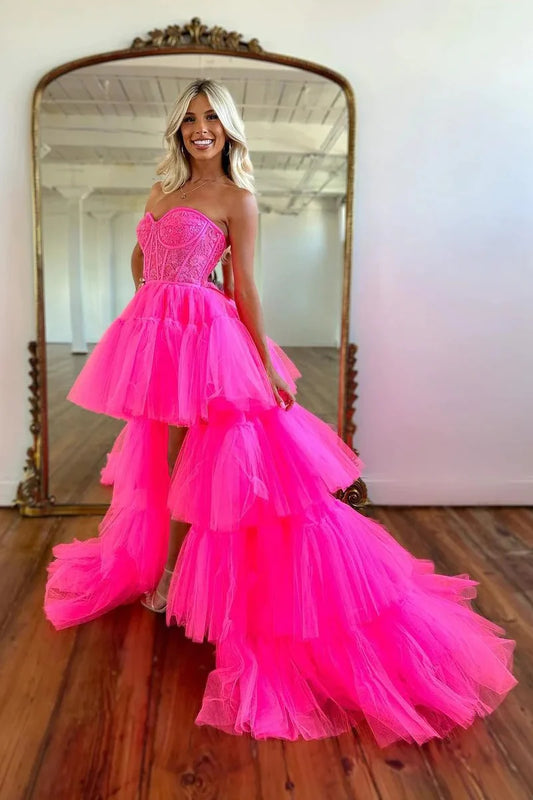 Cute A Line Sweetheart Hot Pink Tulle High Low Prom Dresses