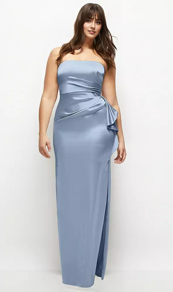 Sage Strapless Draped Bridesmaid Dresses Satin Maxi Dress with Cascade Ruffle