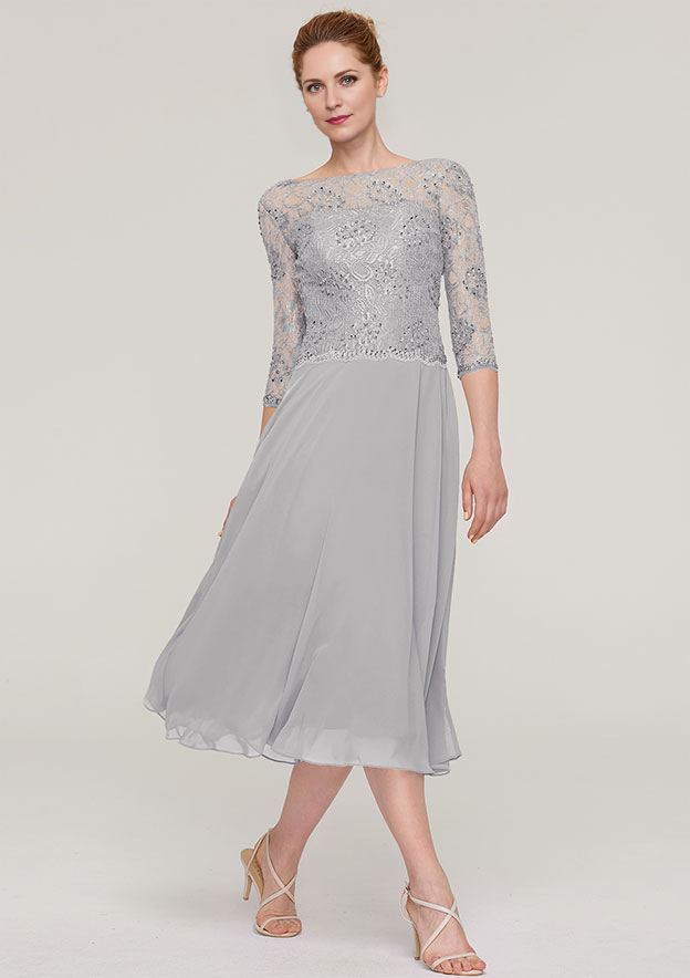 A-line/Princess Bateau 3/4 Sleeve Tea-Length Chiffon Mother of the Bride Dress With Beading Lace