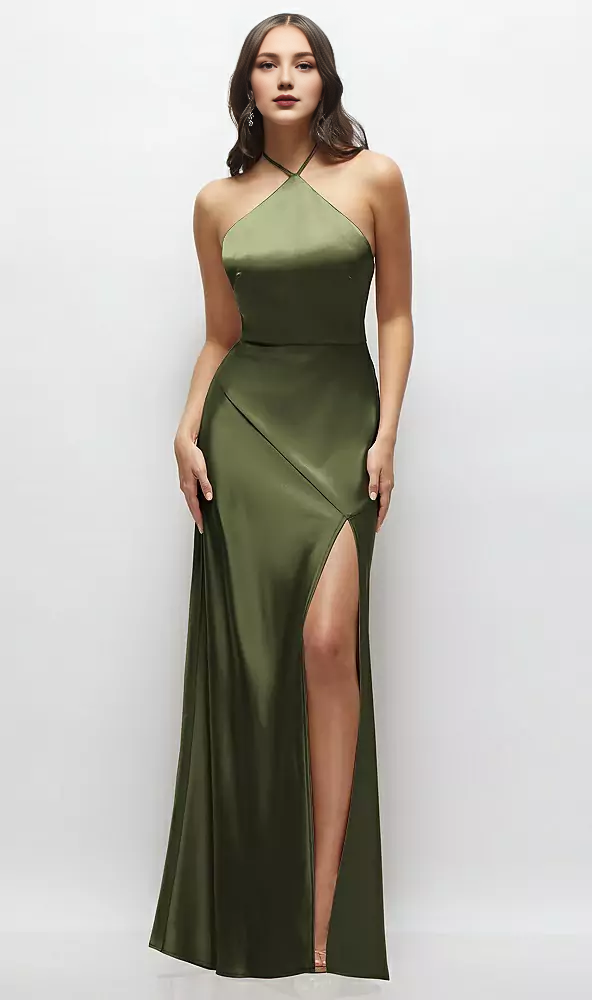 High Halter Tie-Strap Open-Back Satin Maxi Dress Long Bridesmaid Dresses