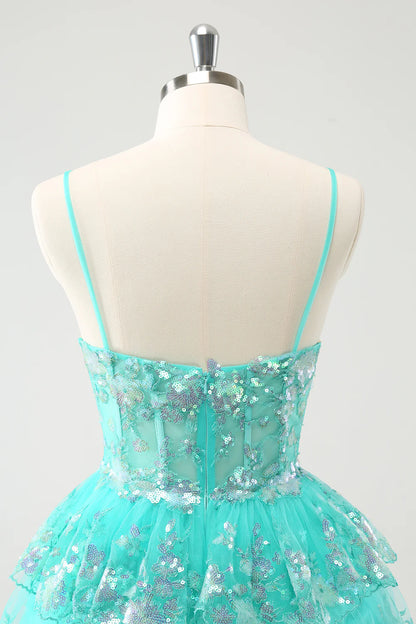 A-Line Sparkly Spaghetti Straps Tiered Homecoming Dress with Sequins