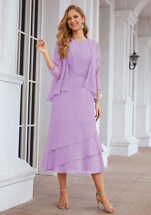 A-line Bateau Tea-Length Chiffon Mother of the Bride Dress With Pleated and Jacket