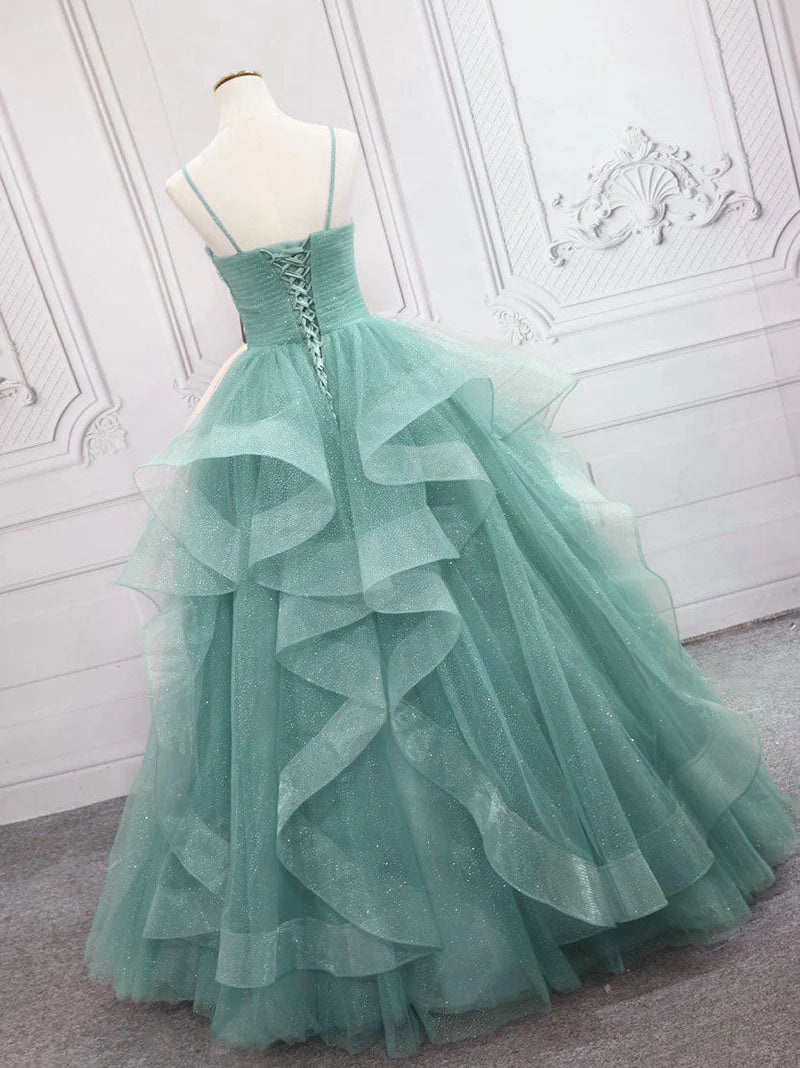 Sparkling Quinceanera Dress V Neck Tulle Long Prom Dress Green Sweet Dress